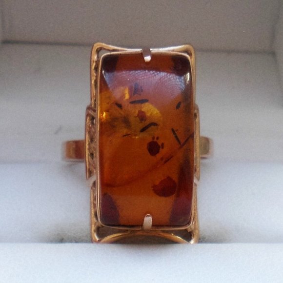 Vintage Russian Russia 14K 583 Rose Pink Gold Baltic Honey Amber Cocktail RING - Picture 2 of 10